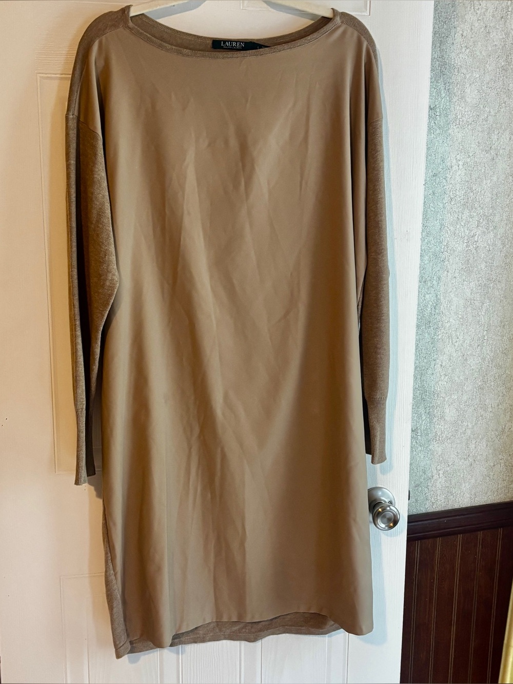 Lauren Ralph Lauren L Mixed Media Shift Dress Taupe Long Sleeve